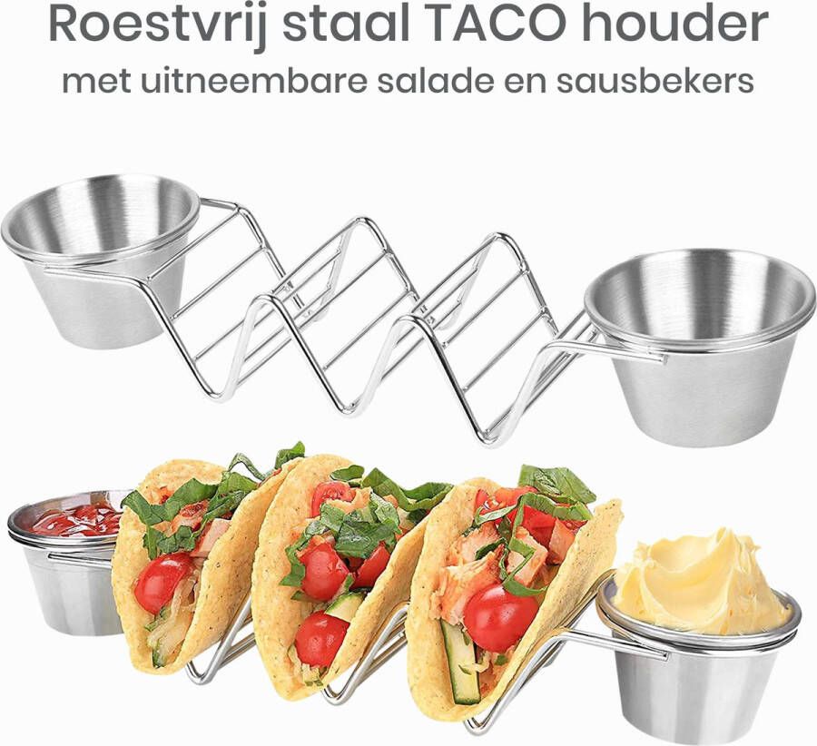 Knutz Taco Houder – Tortilla Houder – Taco en Tortilla Rekje – Taco Standaard – Voor 3 Stuks – Inclusief 2 Sausbakjes – RVS