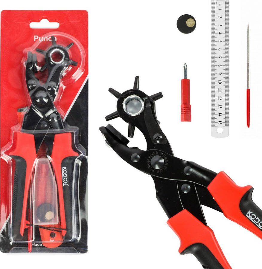 Kodox Gaatjestang Rood Perforeertang voor Leer met 6-Voudige Perforator-Riem Perforator Rond-Scherpe Revolver Perforeertang met Hefboomoverbrenging Riem Ponstang Revolvertang Gatentang Leergereedschap Gatentang Halsband