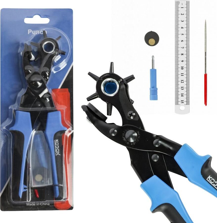 Kodox Gaatjestang Blauw Perforeertang voor Leer met 6-Voudige Perforator-Riem Perforator Rond-Scherpe Revolver Perforeertang met Hefboomoverbrenging Riem Ponstang Revolvertang Gatentang Leergereedschap Gatentang Halsband
