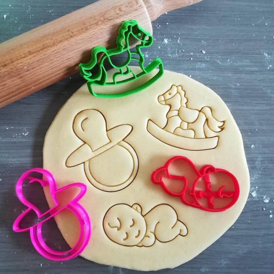 Koekjesvorm 3-delige set Baby Schommelpaard Fopspeen Geboorte Babyborrel Cookie cutter Uitsteekvorm Bakvorm 8cm