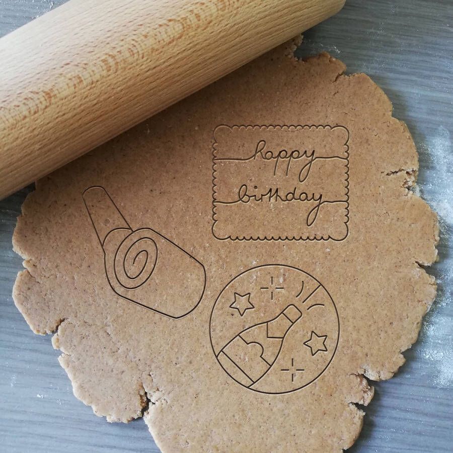 Koekjesvorm 3-delige set Verjaardag Happy Birthday Petit Beurre Champagne Roltong Cookie cutter Uitsteekvorm Bakvorm 8cm