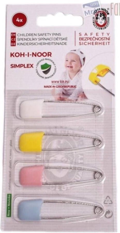 Koh-i-Noor baby safety pins veiligheidsspelden met beschermkap blister 4 spelden kap kleuren pastel roze wit geel blauw 5 cm