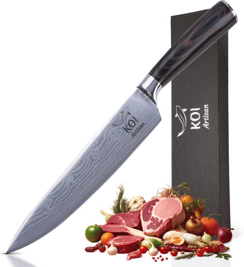 ‎KOI ARTISAN KOI Artisan Professioneel Koksmes 20.32 cm Scheermesscherp Lemmet Beste Keukenmessen Japanse Messen van Hoog Koolstof Roestvrij Staal Chefmes met Stijlvol Patroon