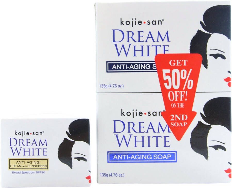 Kojie San am White anti-aging dagcrème SPF 30 30gr + Dream White anti-aging zeep 2 x 135 gram zeep