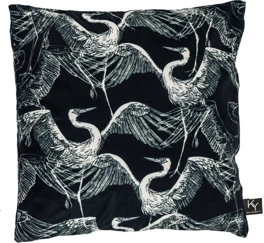 Kolony Sierkussen Reiger Zwart Wit Grijs Velvet stof woonkussen Vogel Inclusief vulling n45cm x 45cm