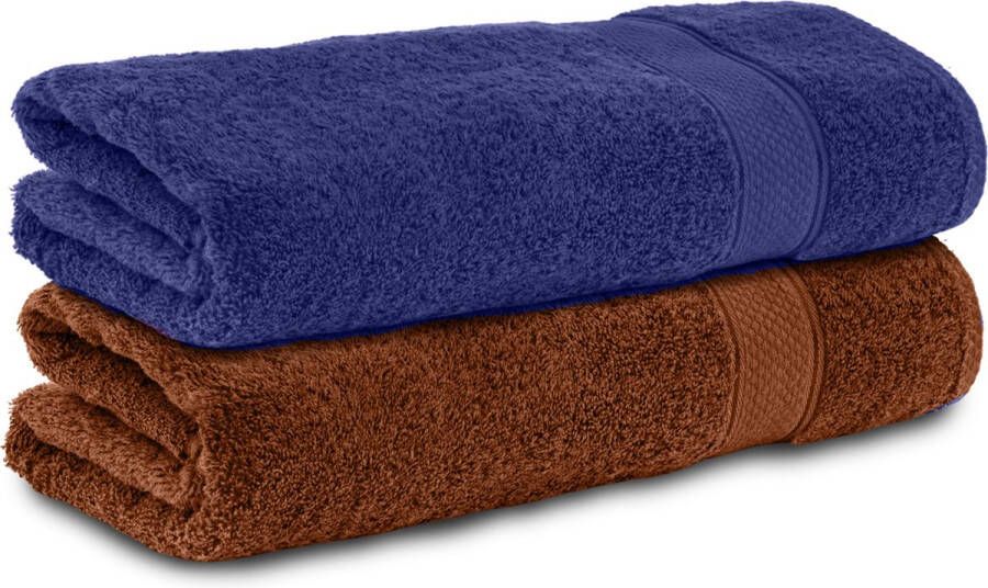 Komfortec 2x Handdoek 50x100 100% Katoen – Handdoekenset Zacht Bruin&Blauw