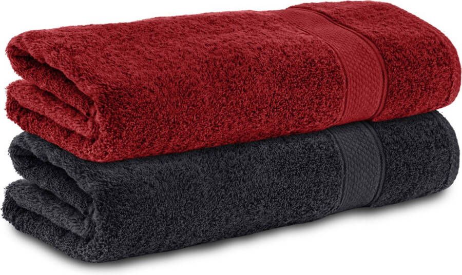 Komfortec 2x Handdoek 50x100 100% Katoen – Handdoekenset Zacht Zwart&Rood