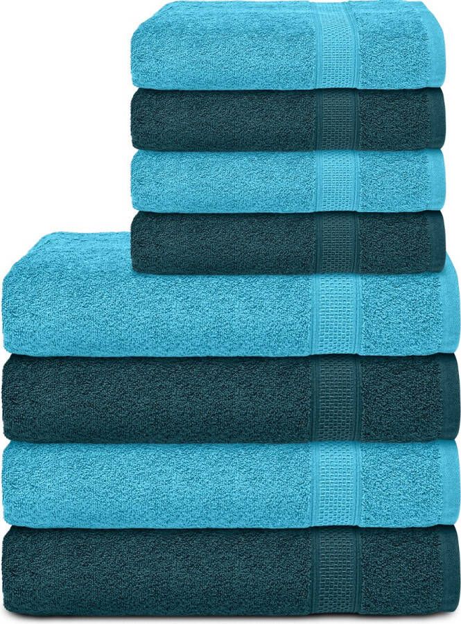 Komfortec Handdoekenset 4x badhanddoek 50x100 cm + 4x handdoek 70x140 cm 100% Katoen Turquoise&Petroleumblauw