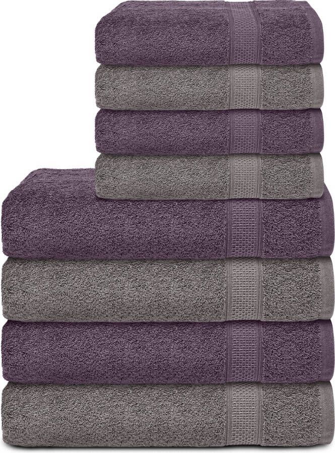 Komfortec Handdoekenset 4x badhanddoek 70x140 cm + 4x handdoek 50x100 cm 100% Katoen Antracietgrijs&Violet