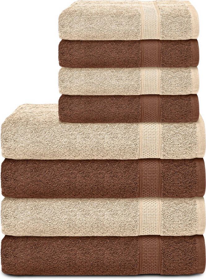 Komfortec Handdoekenset 4x Badhanddoek 70x140 cm + 4x Handdoek 50x100 cm 100% Katoen Bruin&Beige