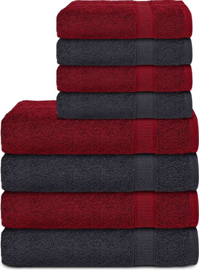 Komfortec Handdoekenset 4x badhanddoek 70x140 cm + 4x handdoek 50x100 cm 100% Katoen Zwart&Rood