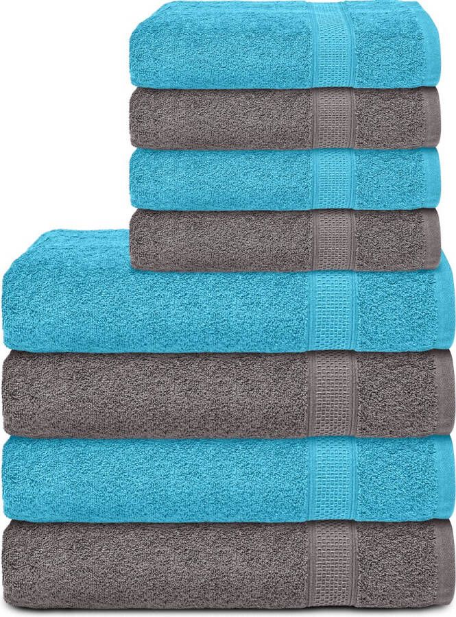 Komfortec Handdoekenset 4x Badhanddoek 70x140 cm en 4x Handdoek 50x100 cm 100% Katoen Turquoise&Antraciet