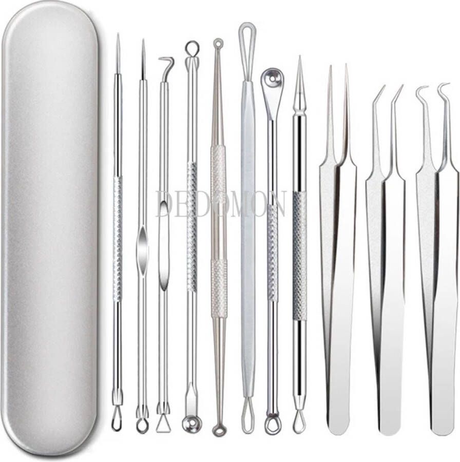 Koning Import Acne Puisten verwijderaar set Mee eters verwijderen Comedonenlepel Blackhead remover Hypoallergeen RVS 11 delig Opbergdoos Pincet