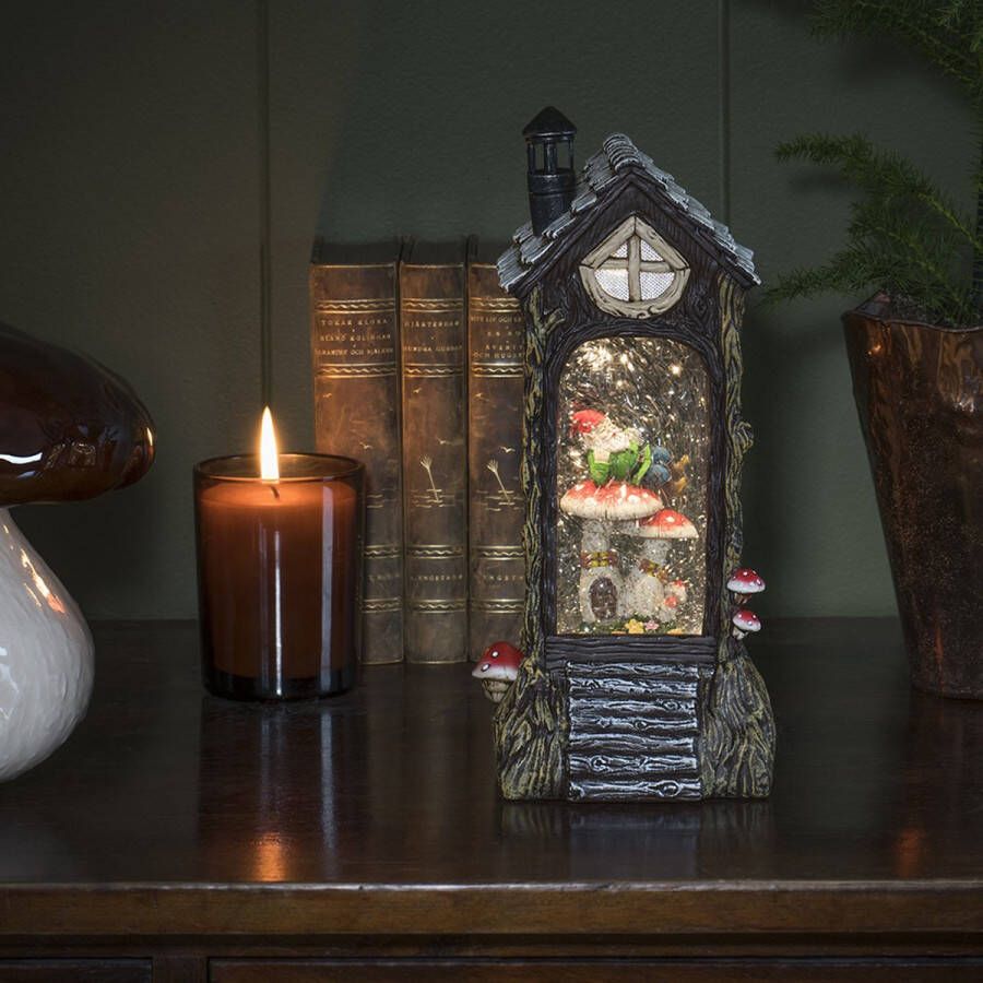 Konst Smide Kerstlantaarn 29cm voor binnen Elf op paddestoel Warmwit Sneeuwlantaarn Kerstverlichting op batterijen incl. timer