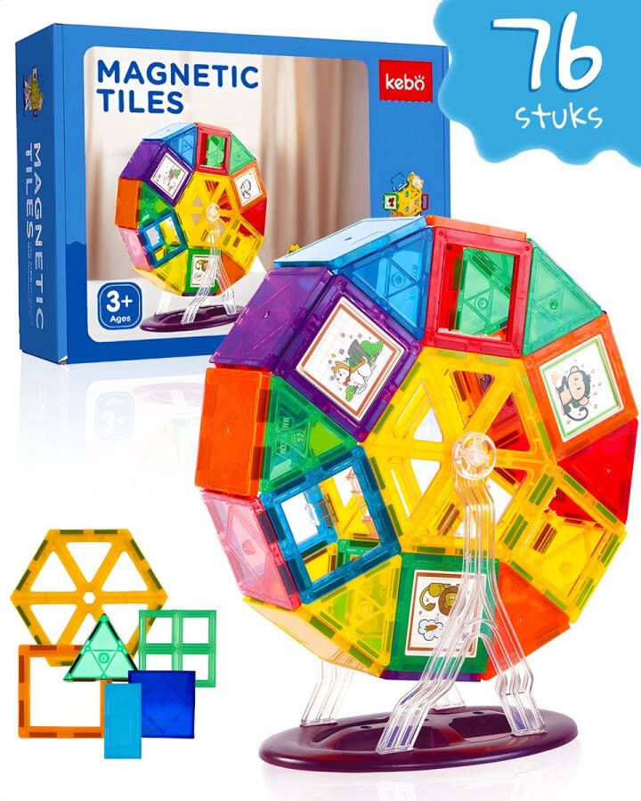 Koobees Magnetische bouw rad 76 onderdelen Magna tiles Magnetic tiles Magnetisch speelgoed Magnetische bouwstenen Magnetische tegels Montessori speelgoed Constructiespeelgoed Educatieve speelgoed