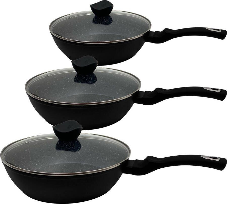Kookkunst Holland hapjespan set met deksel Ø 24 Ø 26 Ø 28 cm inductie PTFE-vrij Anti-aanbaklaag Zwart
