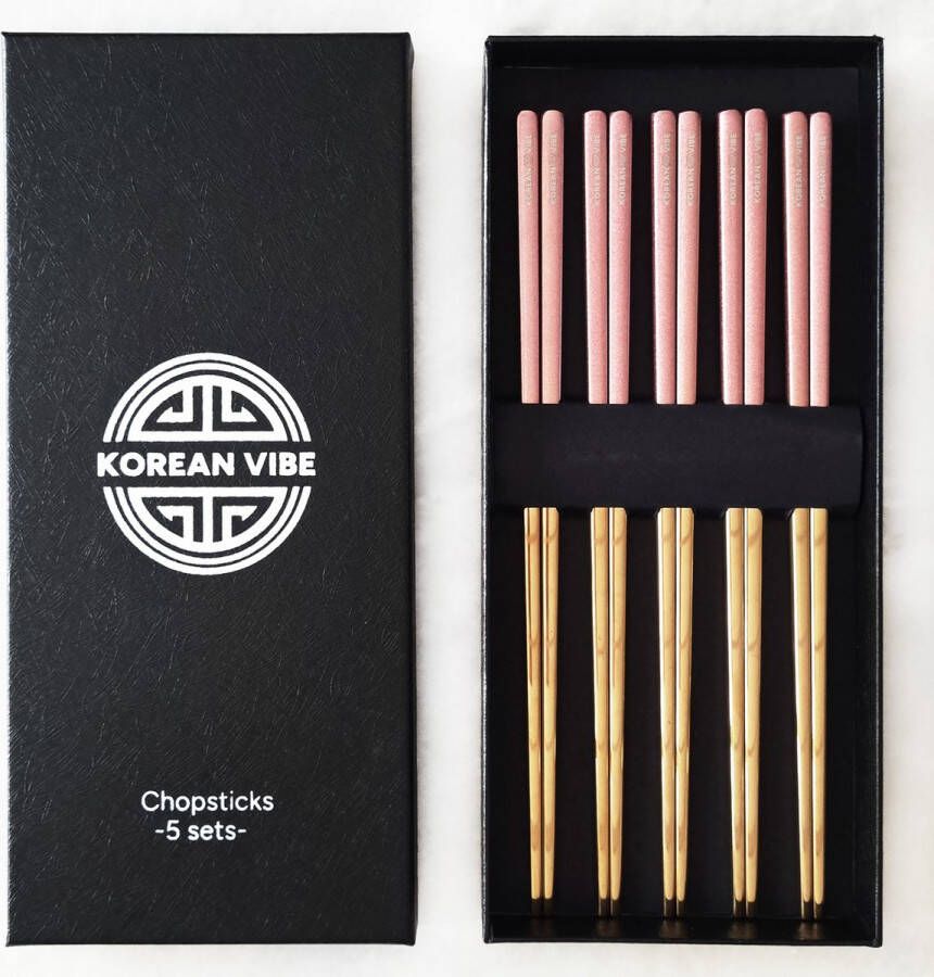 KoreanVibe Chopsticks Set Eetstokjes Vaatwasserbestendig RVS 5Paar Goud Roze