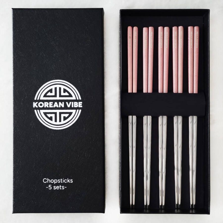 KoreanVibe Chopsticks Set Eetstokjes Vaatwasserbestendig RVS 5Paar Zilver Roze