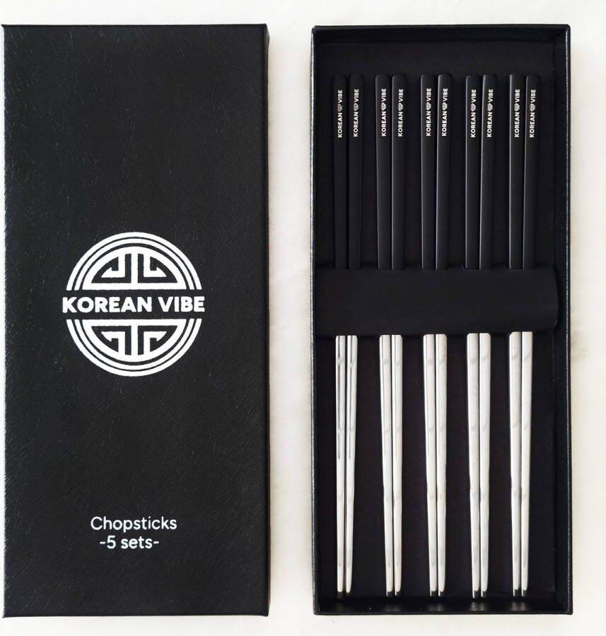 KoreanVibe Chopsticks Set Eetstokjes Vaatwasserbestendig RVS 5Paar Zilver Zwart