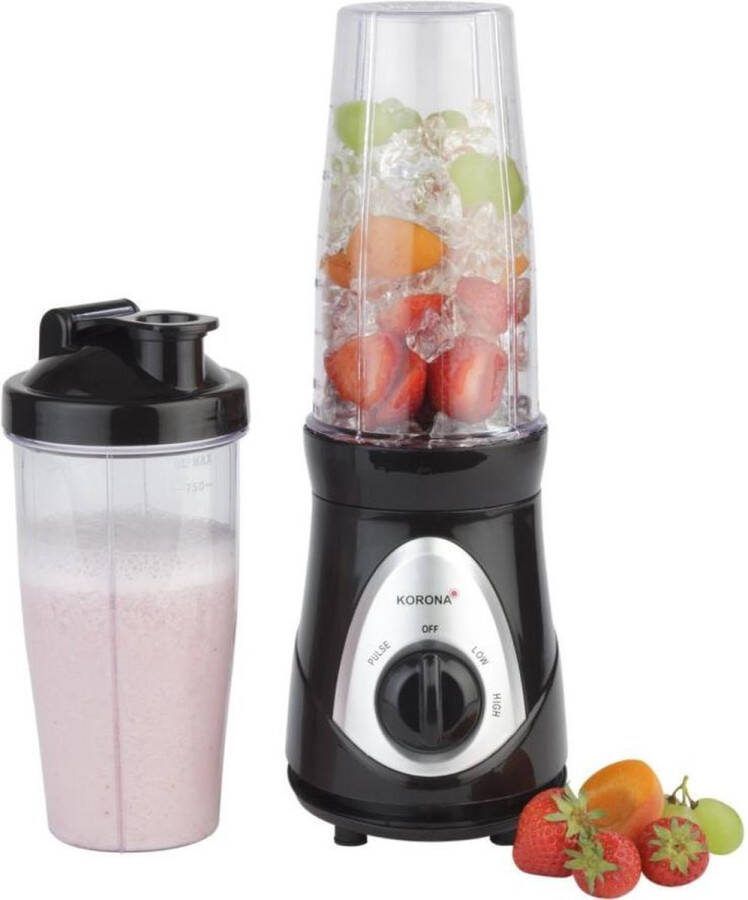 Korona 24200 Smoothie Maker 2 vermogensstanden 2 bekers met elk 750 ml bekerdeksel met drinkopening 300 watt ook voor crushed ijs kunststof zwart