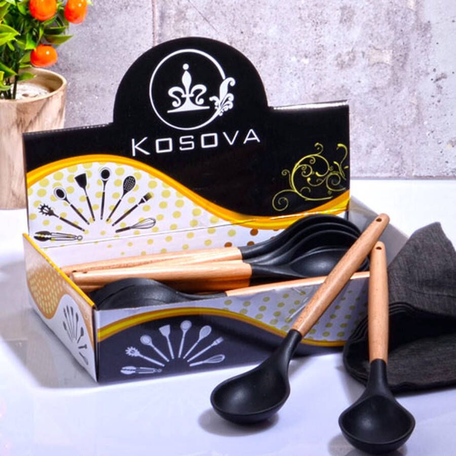 Kosova Luxe Keukenlepel Opscheplepel Siliconen met hout 32 cm Zwart Bruin Keuken accesoire koken