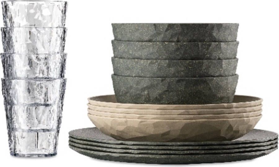 Koziol Bio-Circulair Club Servies met Glazen Goteborg Set van 16 Stuks Gerecycled Zonnebloemolie Grijs