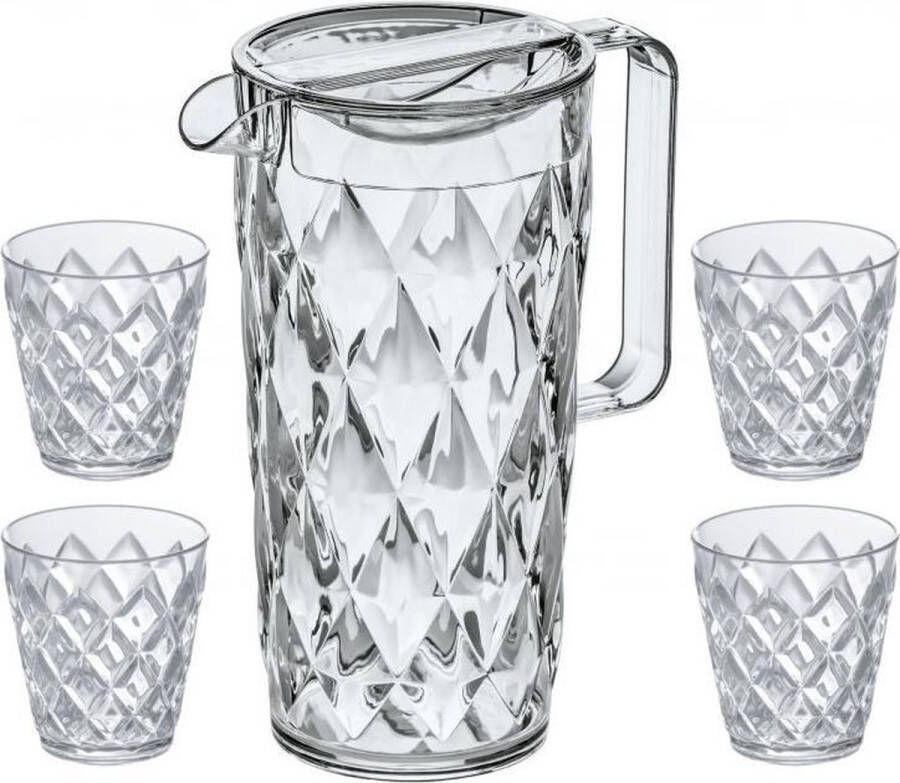 Koziol Schenkkan Karaf onbreekbaar Crystal 1.6 Liter met 4 Waterglazen 250 ml