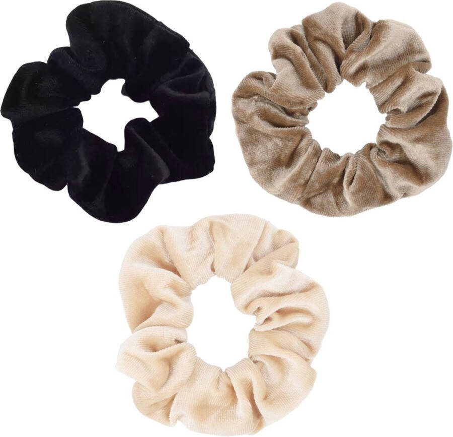Kraagjeskopen.nl Scrunchie 3 stuks Velvet Extra Vol en Luxe Haarelastiek Haarwokkel Zwart Lichtbruin en Beige