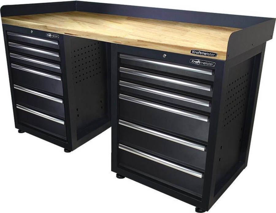 Kraftmeister werkbank 150 cm Werktafel met 12 laden en eiken werkblad Zwart