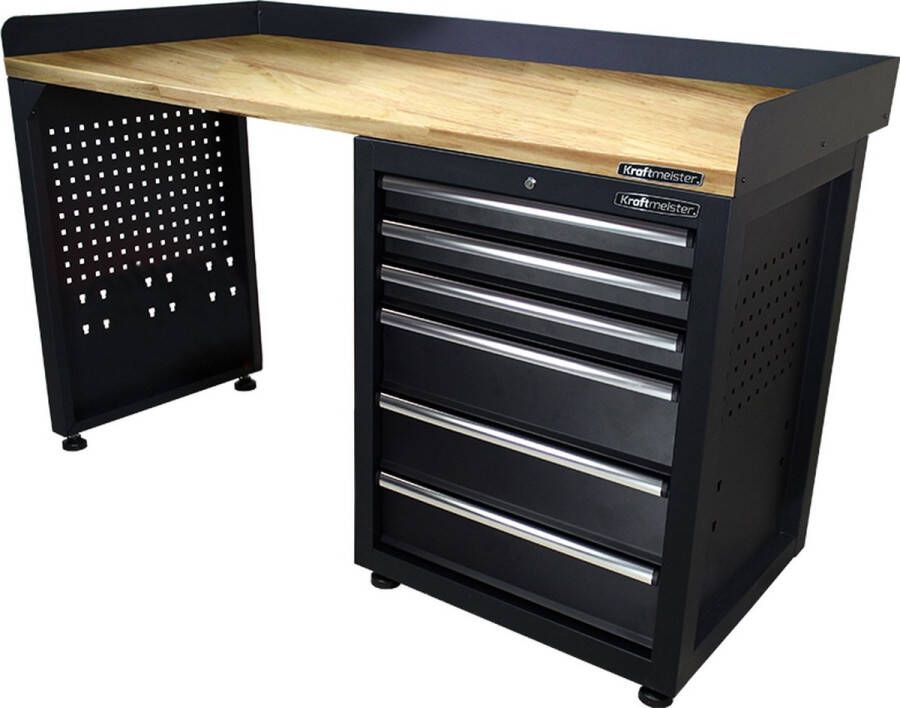 Kraftmeister werkbank 150 cm Werktafel met 6 laden en eiken werkblad Zwart