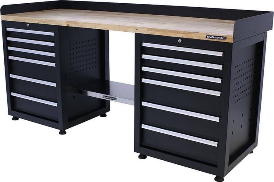 Kraftmeister werkbank 200 cm Werktafel met 12 laden en eiken werkblad Zwart