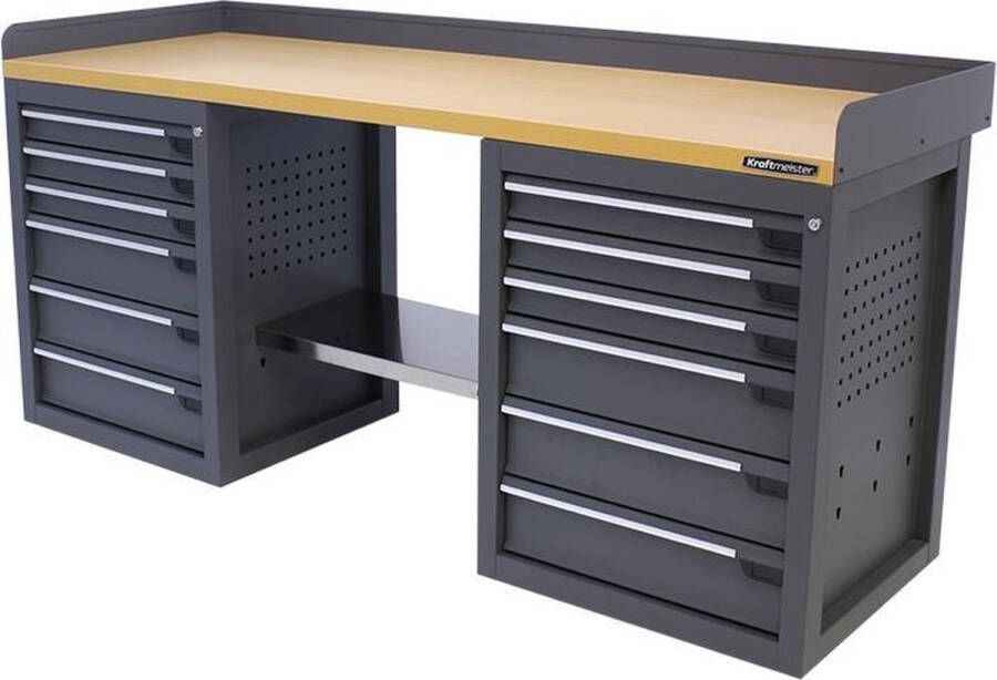 Kraftmeister werkbank 200 cm Werktafel met 12 laden en MDF werkblad Grijs