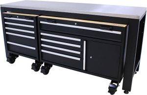 Kraftmeister werkbank 204 cm Werktafel met RVS werkblad Mobiele werkbank Zwart