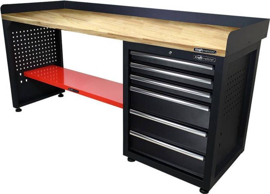 Kraftmeister werkbank 200 cm Werktafel met 6 laden en eiken werkblad Zwart