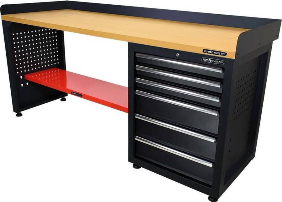 Kraftmeister werkbank 200 cm Werktafel met 6 laden en MDF werkblad Zwart