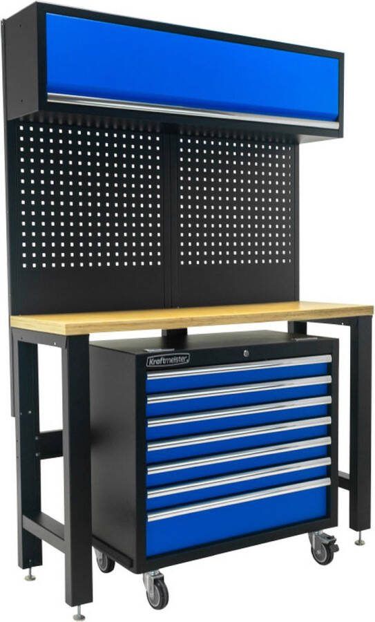 Kraftmeister werkbank met wandkast en gereedschapswagen Multiplex 136 cm blauw