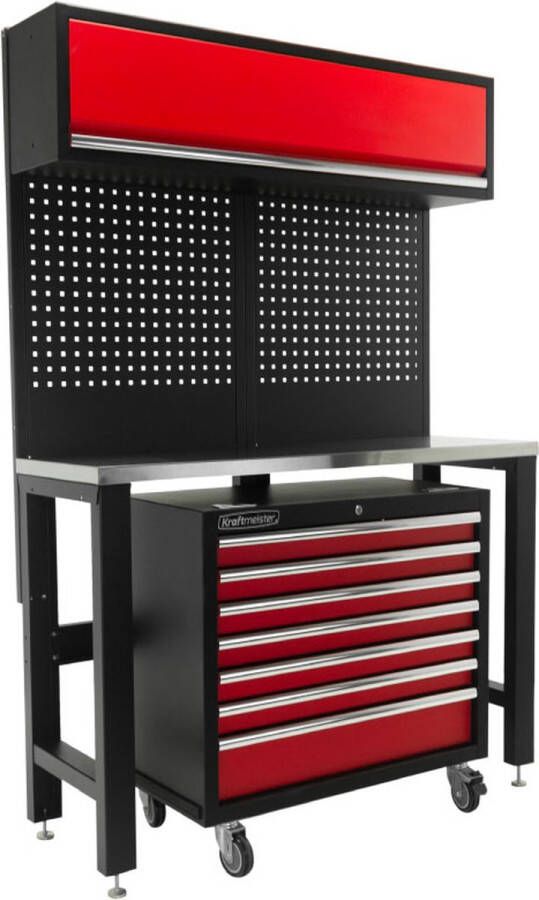 Kraftmeister werkbank met wandkast en gereedschapswagen RVS 136 cm rood