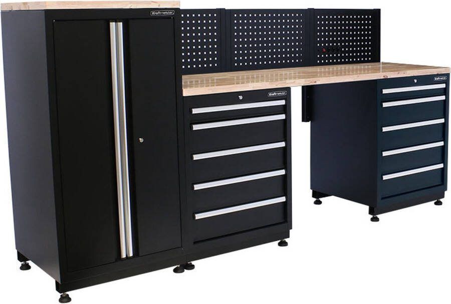 Kraftmeister werkplaatsinrichting Werkbank met 1 werkplaatskast en eiken werkblad Werktafel met 10 laden en gereedschapswand Complete set voor werkplaats of garage Zwart