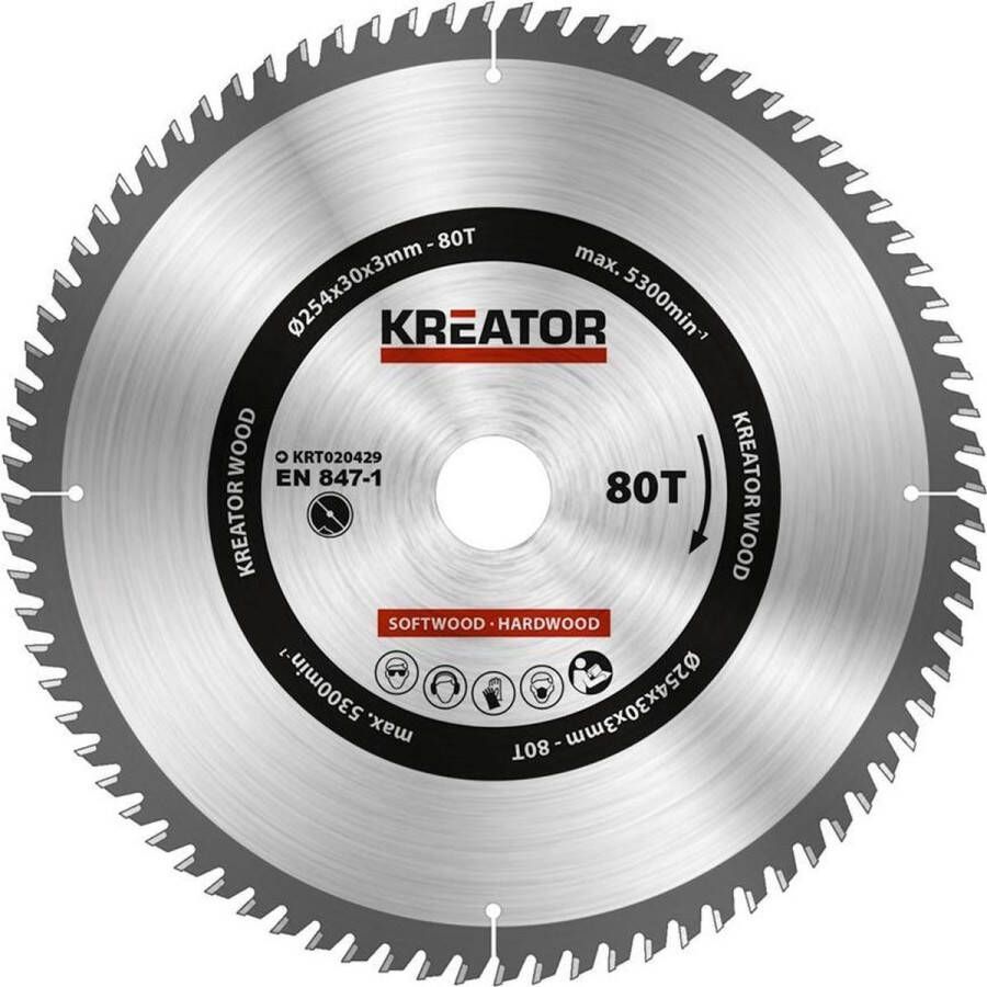 Kreator KRT020429 Zaagblad hout 254 mm -80T