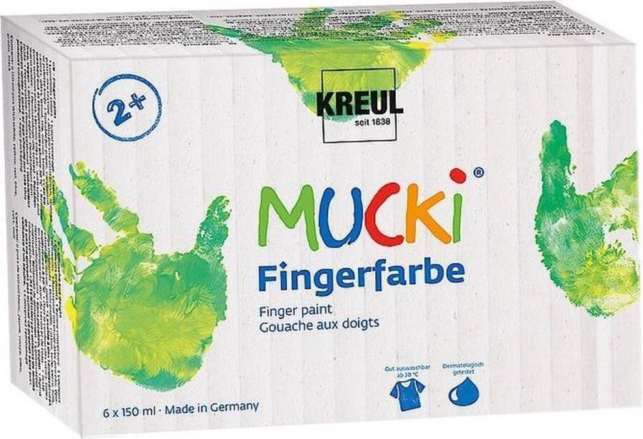 Kreul MUCKI Vingerverf set 6x 150ml primaire kleuren Dermatologisch getest parabenenvrij & veganistisch