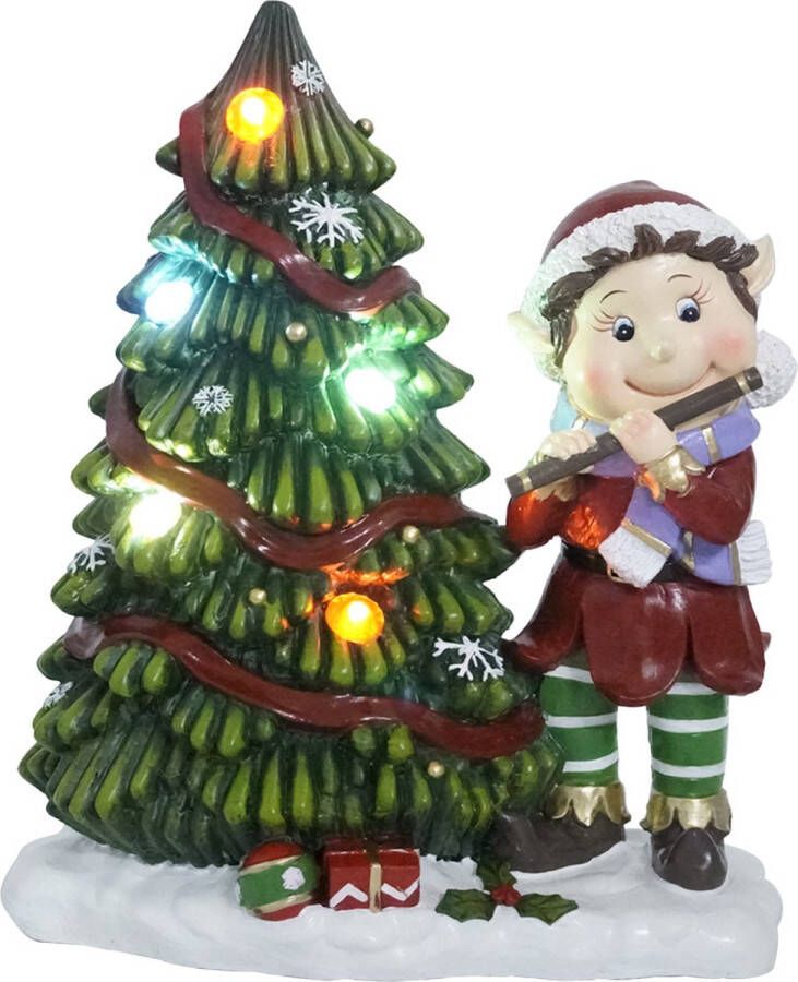 Kristmar Kerst elf – Kerstbeeldje – Vrolijk kerstornament met verlichting Werkt op batterijen (3x AA) – Batterijen niet inbegrepen – L24.5xB13.5xH29.5 cm – LED Polyresin Multicolor