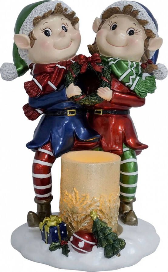Kristmar Kerst elfjes – Kerstbeeldje met verlichting – Vrolijk kerstornament met LED kaars Werk op batterijen (2x AA) – Batterijen niet inbegrepen – L22.9xB19xH32.4 cm – LED Polyresin – Multicolor
