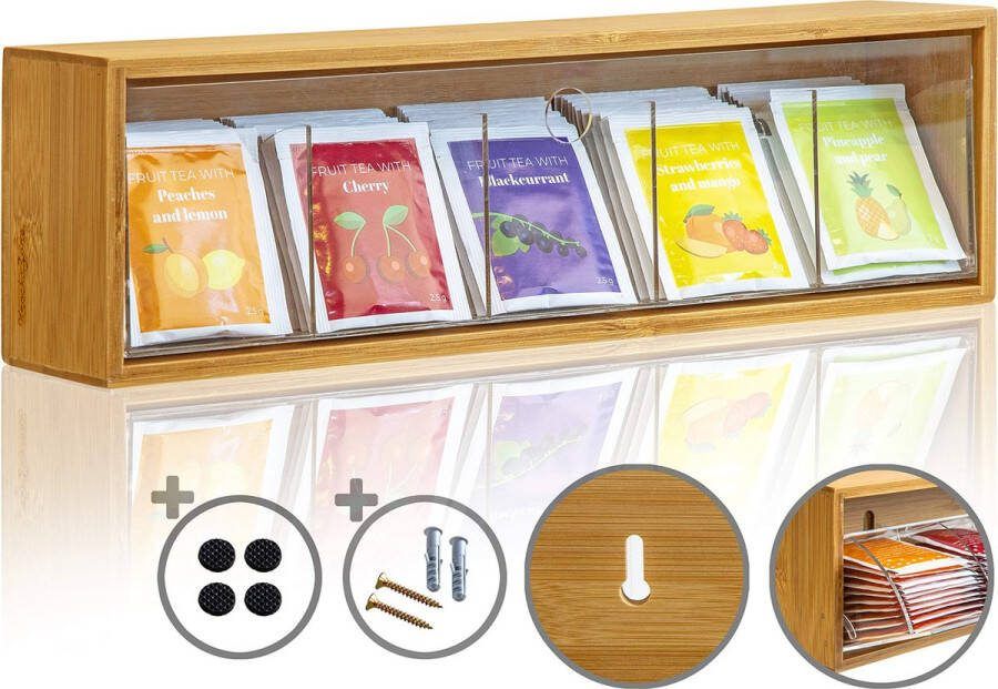 KrockaZone. Theezakjes Opbergdoos Organiser Theedoos met kantelbaar deksel om aan de muur te hangen Theezakjesverdeler Natuurlijk Bamboehout