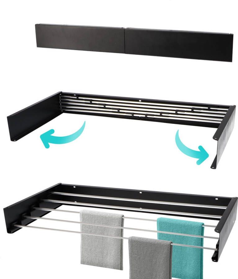KROMS NIEUW! Wanddroogrek Full Color Zwart 80 cm 4M drooglengte Incl. Boormal Droogrek Inklapbaar Wasrek Hangend Uitklapbaar Muur Ophangbaar