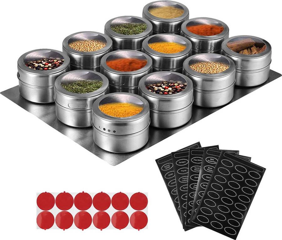 Kruidenpot jes 12 Pak Magnetische Kruiden Blikjes Roestvrijstalen Transparante Top Magnetische Opslag Containers Stick on Koelkast met 1 Lade 5 Vellen Kruiden Etiketten en 12 Stuks voor Keuken