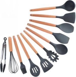 Krumble Keukengerei Spatels set Bakspatel Roerspatel Garde Ophangbaar 11 delig Kookgerei BPA vrij Siliconen spatels met houten steel Grijs en bruin