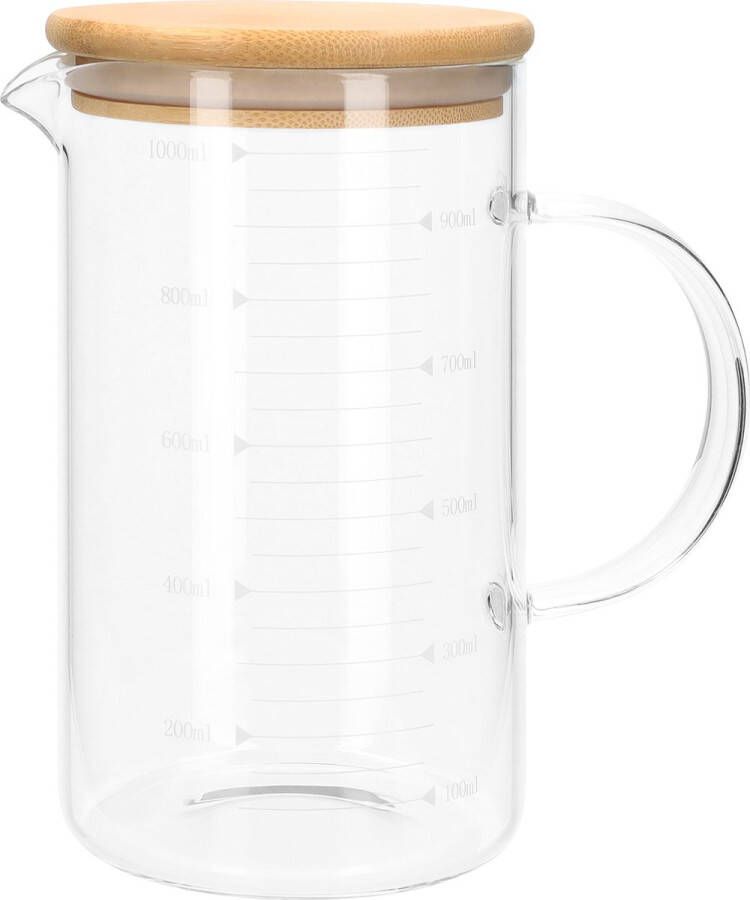 Krumble Maatbeker van glas met houtendeksel Maatbekers Maat kannen 1 liter Meetbeker Met meet eenheden Transparant Glas Hout 1000 ml 10 x 10 x 17 5 cm