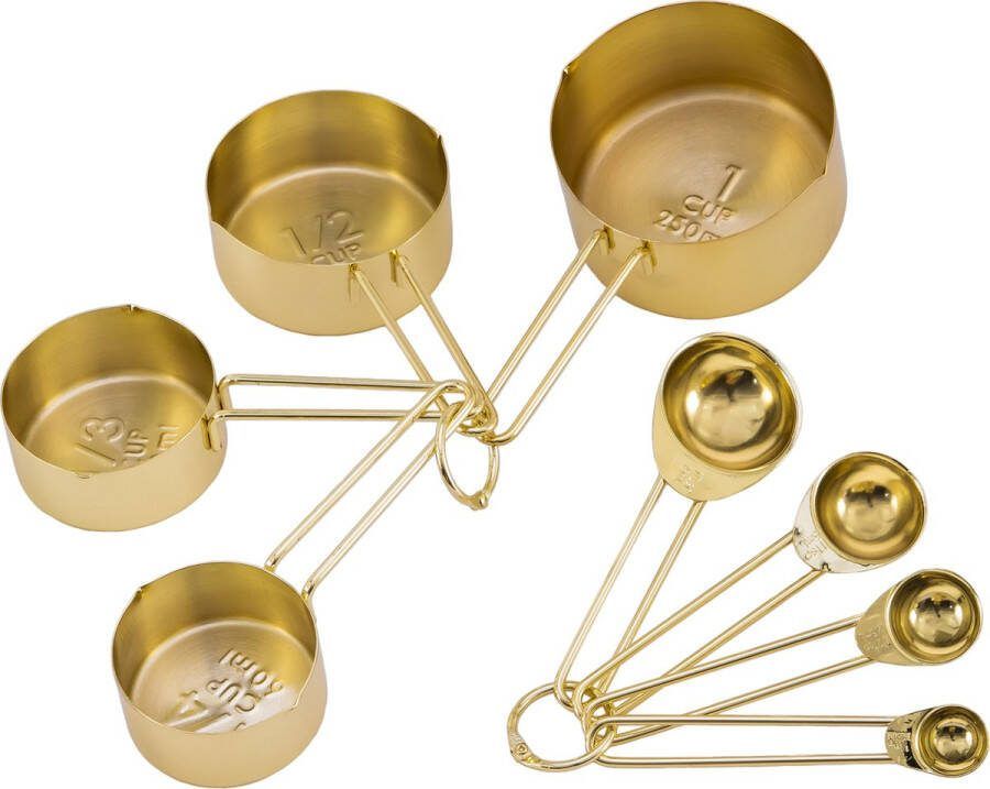 Krumble MaatCups en Lepels Set van 8 Maatcupjes Maatlepels Maatbekers Maatschepjes Cups Spoons Tablespoon Teaspoon RVS 250 ml + 125 ml + 80 ml + 60 ml + 15 + 5 + 2 5 + 1 25 ml Goud