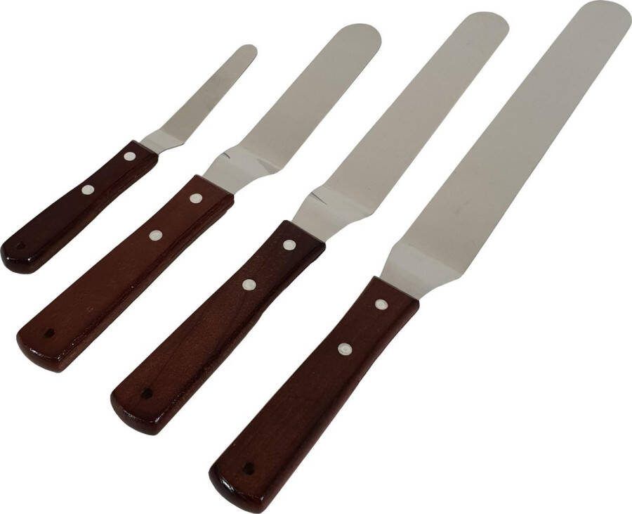 Krumble Patisserie Paletmes set van 4 Pannenkoekenmes Glaceermes Spatelset Glazuurspatel Pannenkoeken spatel Cake spatel Gebak spatel -met houten handvat