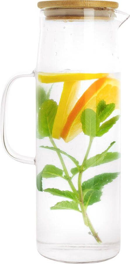 Krumble Schenkkan Karaf Waterfilter Waterkan Schenkfles Drankdispenser Inclusief handvat en deksel Glas en hout 1.5 Liter 8 5 x 27 cm Transparant en lichtbruin